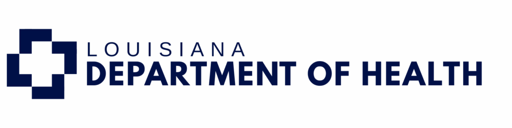 Logo of the Louisiana Department of Health, featuring a blue geometric cross design to the left and the organization&rsquo;s name in bold, uppercase blue letters to the right.