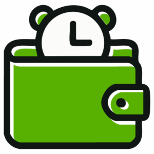 A green wallet with a clock partly inside it, suggesting the concept of saving or managing time like money.