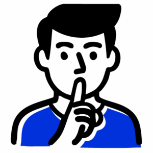 Illustration of a person with dark hair wearing a blue shirt, holding one finger to their lips in a gesture signaling silence or to be quiet.