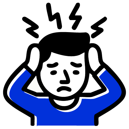 Cartoon illustration of a person holding their head with both hands, eyes closed and eyebrows furrowed, with zigzag lines above their head indicating pain or stress.