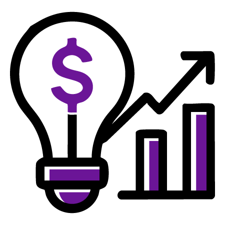 A light bulb with a purple dollar sign inside is next to a bar graph with an upward arrow, symbolizing financial growth or innovative business ideas.