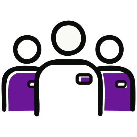 Simple illustration of three people, outlined in black. The center figure is larger and in front, while two smaller figures stand behind, each with purple shirts and rectangular nametags.
