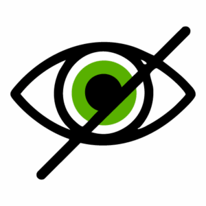 A black outline of an eye with a green iris, overlaid by a black diagonal line, symbolizing visibility off or hidden. The background is light gray.