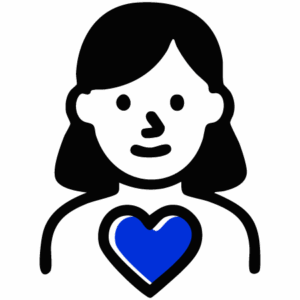Simple illustration of a person with shoulder-length hair and a blue heart on their chest, suggesting kindness or compassion.