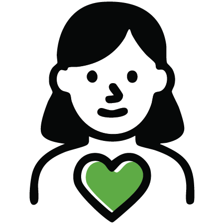 Simple illustration of a person with shoulder-length hair, smiling, and a large green heart symbol on their chest, representing kindness or caring.
