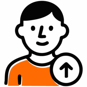 Illustration of a person with short hair, wearing an orange shirt, shown from the shoulders up. An upward-pointing arrow in a circle is overlaid on the lower right side of the image.