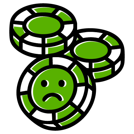 Three green and white casino chips are shown. The front chip has a sad face on it, while the other two chips are plain.