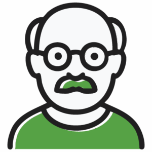 A simple line drawing of a bald man with glasses, a green mustache, and a green shirt, depicted in a cartoon style.