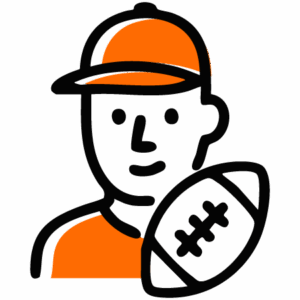 Illustration of a person wearing an orange cap and shirt, holding an American football. The drawing uses bold black lines and simple shapes on a white background.