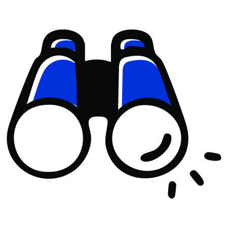 Illustration of binoculars with blue accents, drawn in a bold, cartoon style. The right lens has a white highlight and three small lines nearby, suggesting light reflection or focus.