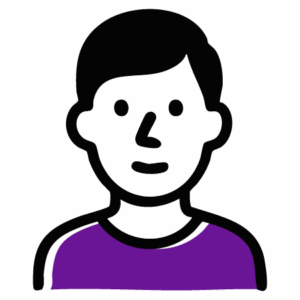 Simple illustration of a person with short black hair, wearing a purple shirt and smiling, on a light gray background.