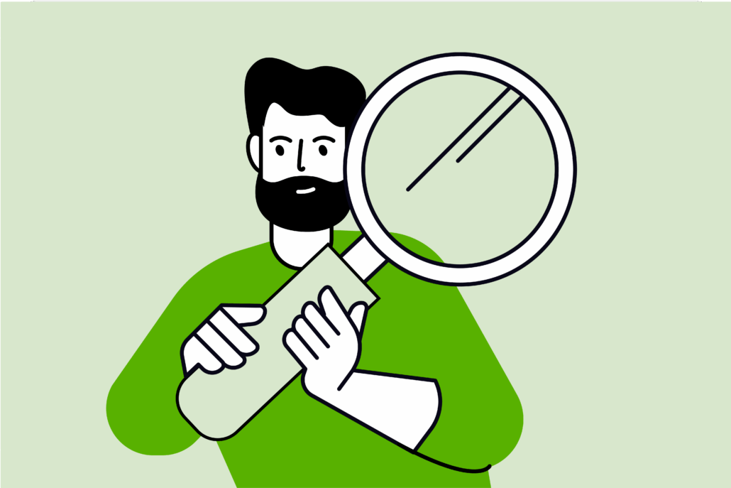 Illustration of a bearded man holding a large magnifying glass, looking closely as if inspecting something. The background is light green and the mans shirt is a darker green.