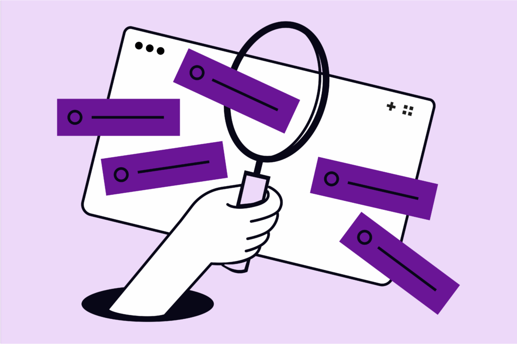 Illustration of a hand emerging from a hole, holding a magnifying glass over a browser window with multiple purple notification bars, symbolizing search or analysis. The background is light purple.