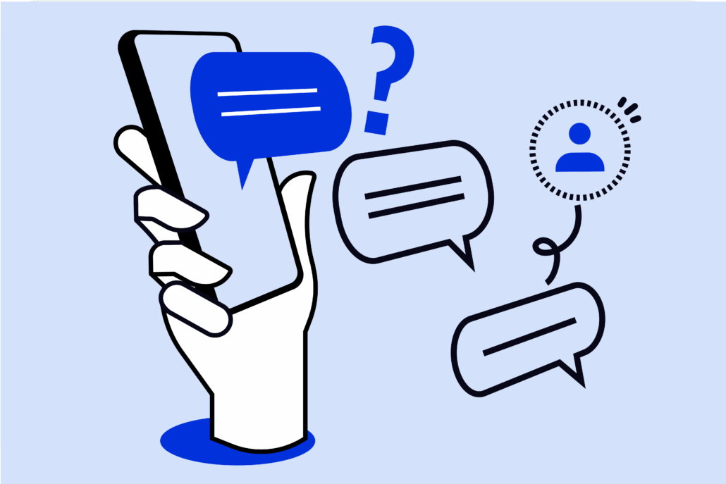 Illustration of a hand holding a smartphone with blue and black chat bubbles, a question mark, and an icon of a person, symbolizing online messaging and digital communication.