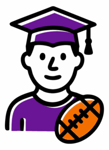 Illustration of a person wearing a purple graduation cap and gown, holding an orange American football under one arm, representing a student athlete or graduate involved in sports.