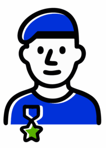 Illustration of a person wearing a blue beret and shirt, with a green star-shaped medal hanging on their chest, representing a decorated soldier or military personnel.