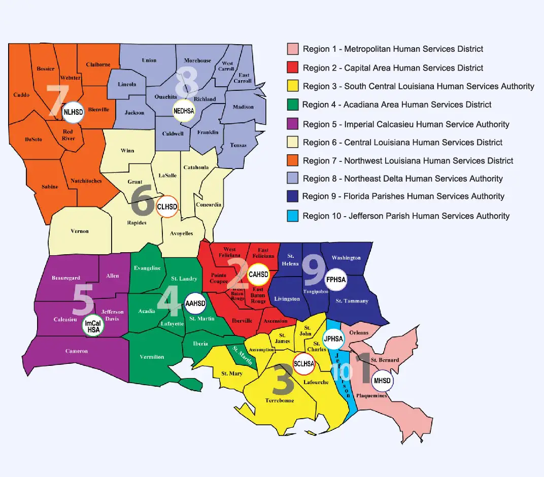 Map of Louisiana divided into 10 color-coded regions, each labeled with a number and the names of human services districts, corresponding to a legend on the right that lists each district&rsquo;s full name.