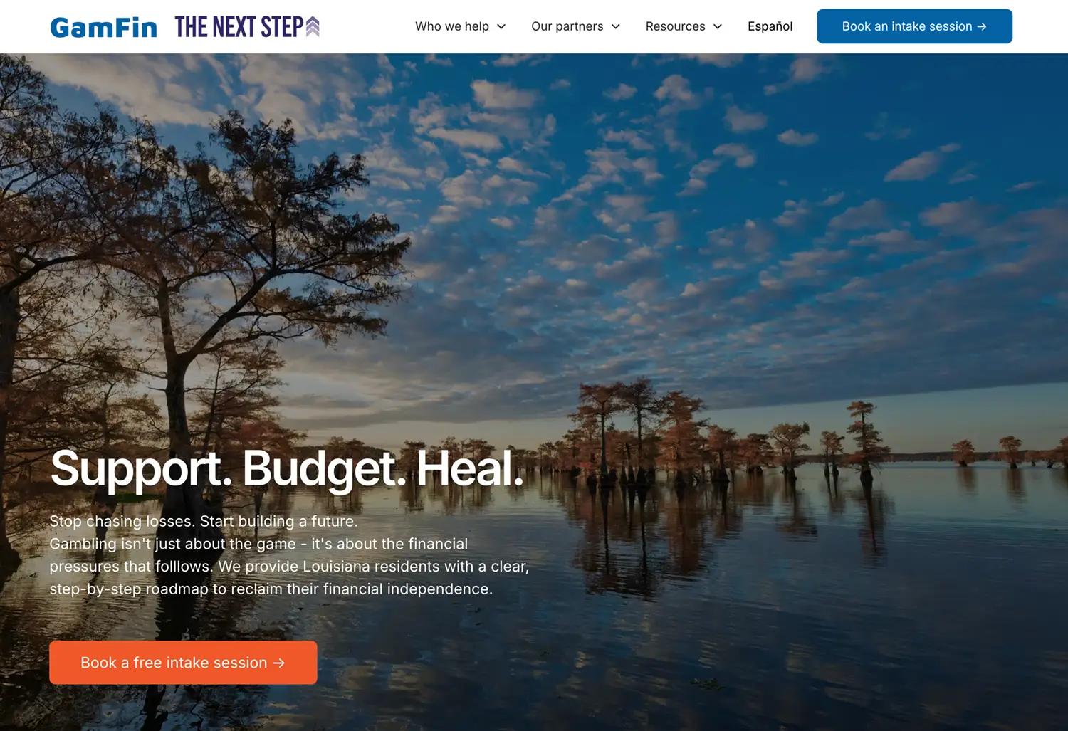 A lake surrounded by trees under a partly cloudy sky at sunset; text overlay reads Support. Budget. Heal. and promotes financial guidance for Louisiana residents, with buttons to book a free intake session.