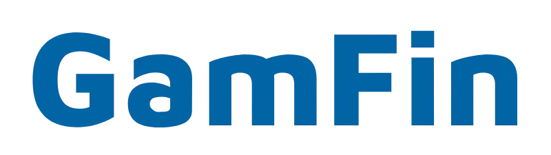 The text GamFin is displayed in bold, blue letters on a light gray background.
