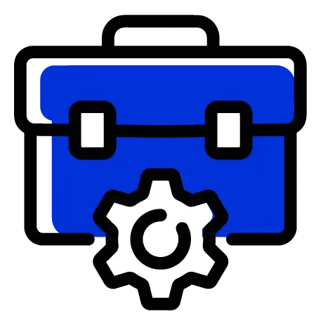 An icon of a blue briefcase with a gear symbol in front, representing tools, settings, or business management.