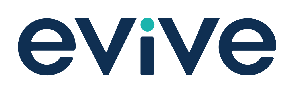 The image shows the word evive in lowercase dark blue letters, with the dot above the i colored teal. The background is light gray.
